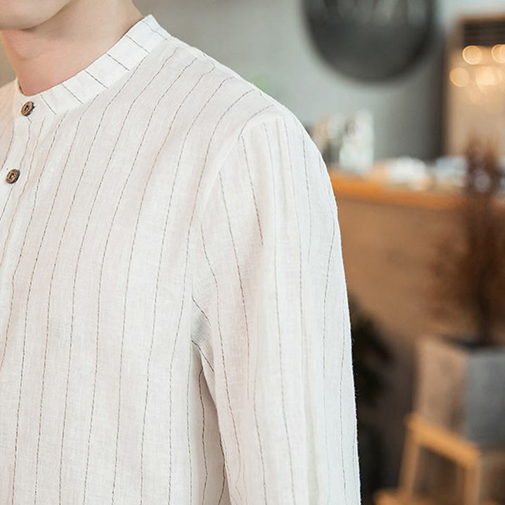 Buddha Stones Plaid Half Buttons Stand Collar Three Quarter Sleeve Linen Men's Shirt - image 19