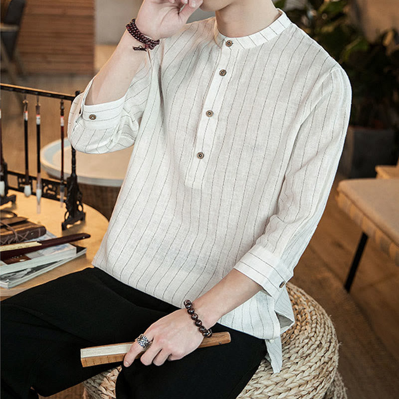 Buddha Stones Plaid Half Buttons Stand Collar Three Quarter Sleeve Linen Men's Shirt - image 17