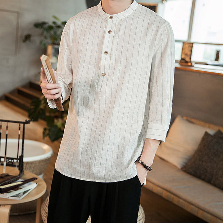 Buddha Stones Plaid Half Buttons Stand Collar Three Quarter Sleeve Linen Men's Shirt - image 11