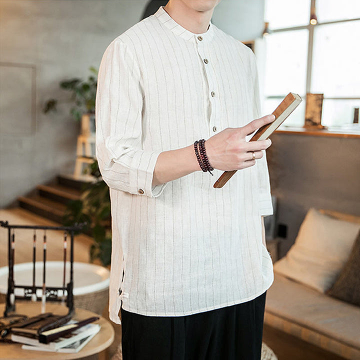 Buddha Stones Plaid Half Buttons Stand Collar Three Quarter Sleeve Linen Men's Shirt - image 13