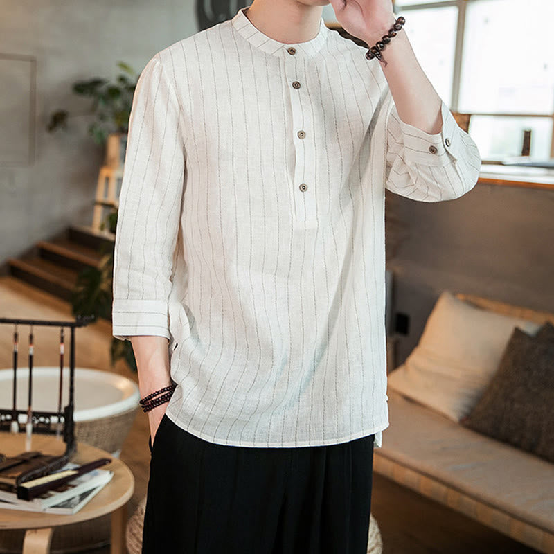 Buddha Stones Plaid Half Buttons Stand Collar Three Quarter Sleeve Linen Men's Shirt - image 10
