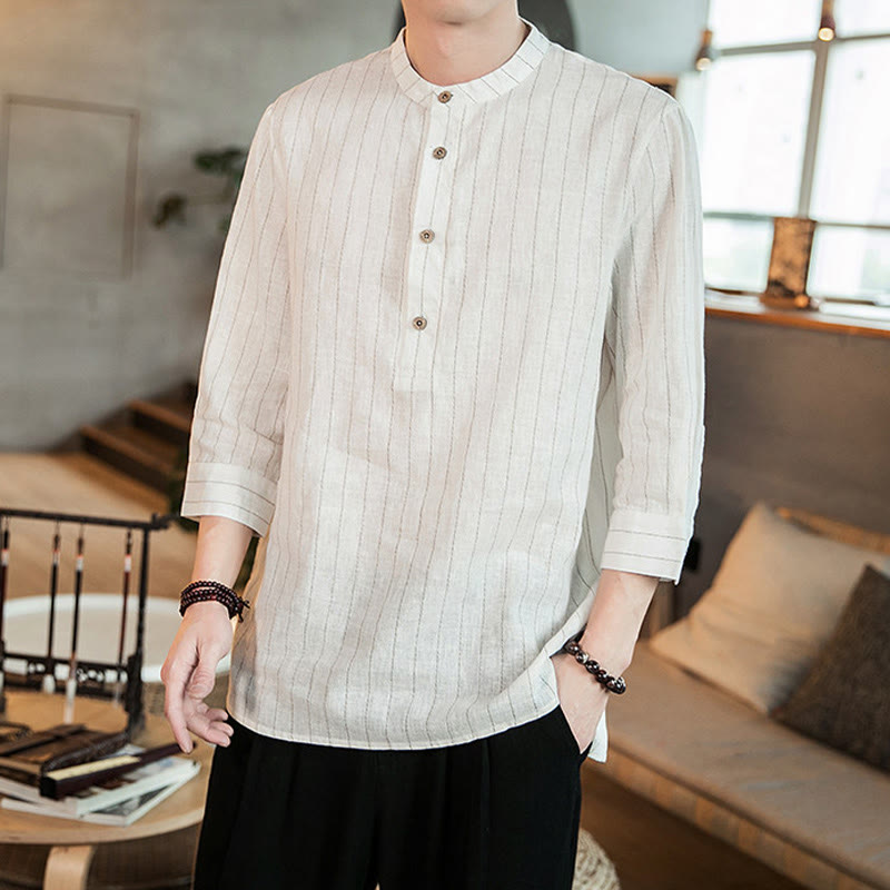 Buddha Stones Plaid Half Buttons Stand Collar Three Quarter Sleeve Linen Men's Shirt - image 12