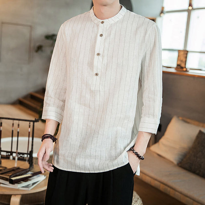 Buddha Stones Plaid Half Buttons Stand Collar Three Quarter Sleeve Linen Men's Shirt - image 12