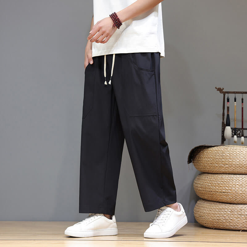 Buddha Stones Summer Solid Color Drawstring Straight Leg Ankle-Length Men's Pants With Pockets - Black - US/UK/AU46，EU56 (5XL) - image 16