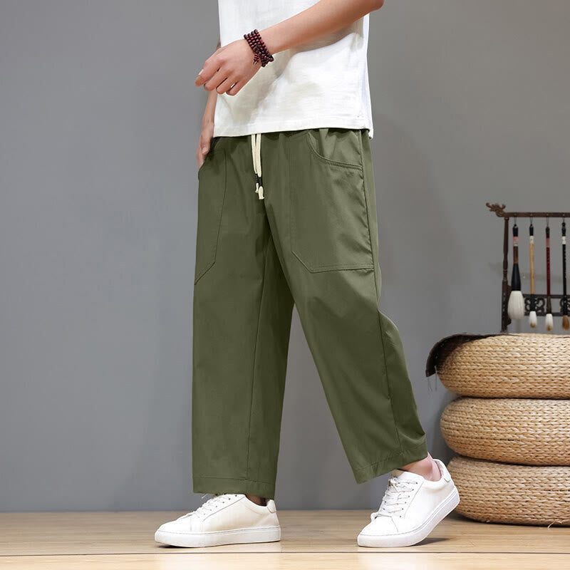 Buddha Stones Summer Solid Color Drawstring Straight Leg 7-8 Length Men's Pants With Pockets - OliveDrab - US/UK/AU46，EU56 (5XL) - image 0