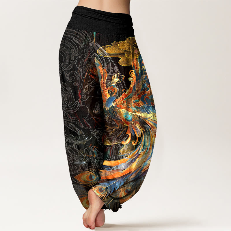 Buddha Stones Pure Cotton Gorgeous Flying Phoenix Cloud Pattern Women's Elastic Waist Harem Pants - image 1