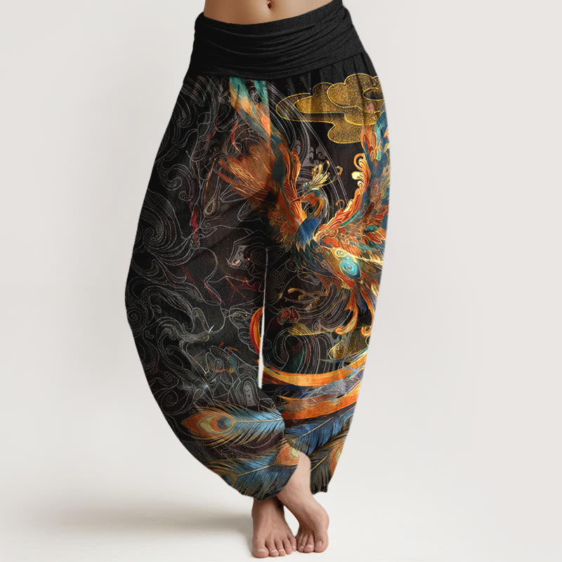 Buddha Stones Pure Cotton Gorgeous Flying Phoenix Cloud Pattern Women's Elastic Waist Harem Pants - Black - US16，UK/AU20，EU48 (3XL) - image 0