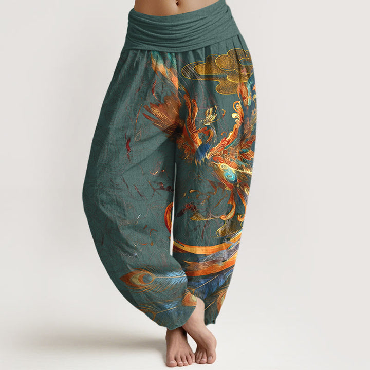 Buddha Stones Pure Cotton Gorgeous Flying Phoenix Cloud Pattern Women's Elastic Waist Harem Pants - CadetBlue - US16，UK/AU20，EU48 (3XL) - image 5
