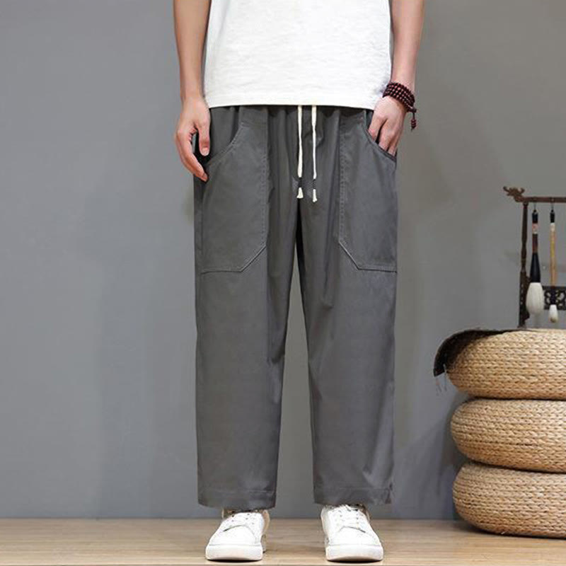 Buddha Stones Summer Solid Color Drawstring Straight Leg Ankle-Length Men's Pants With Pockets - image 9