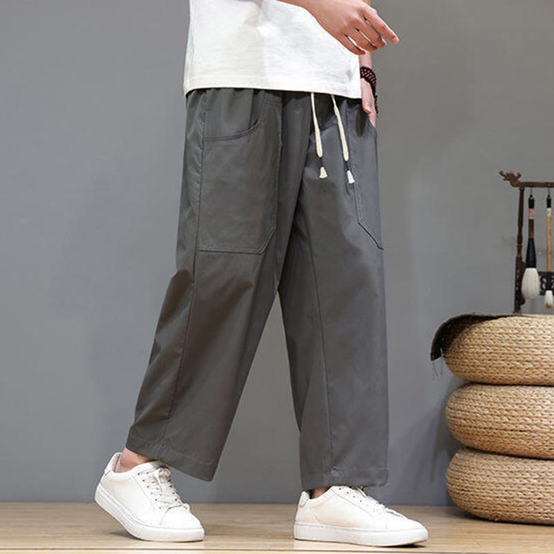 Buddha Stones Summer Solid Color Drawstring Straight Leg Ankle-Length Men's Pants With Pockets - image 10