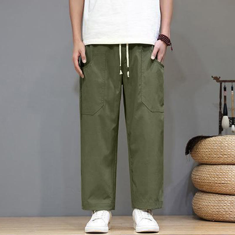 Buddha Stones Summer Solid Color Drawstring Straight Leg Ankle-Length Men's Pants With Pockets - image 1