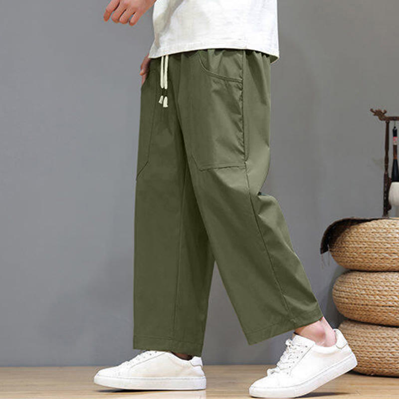 Buddha Stones Summer Solid Color Drawstring Straight Leg Ankle-Length Men's Pants With Pockets - image 5