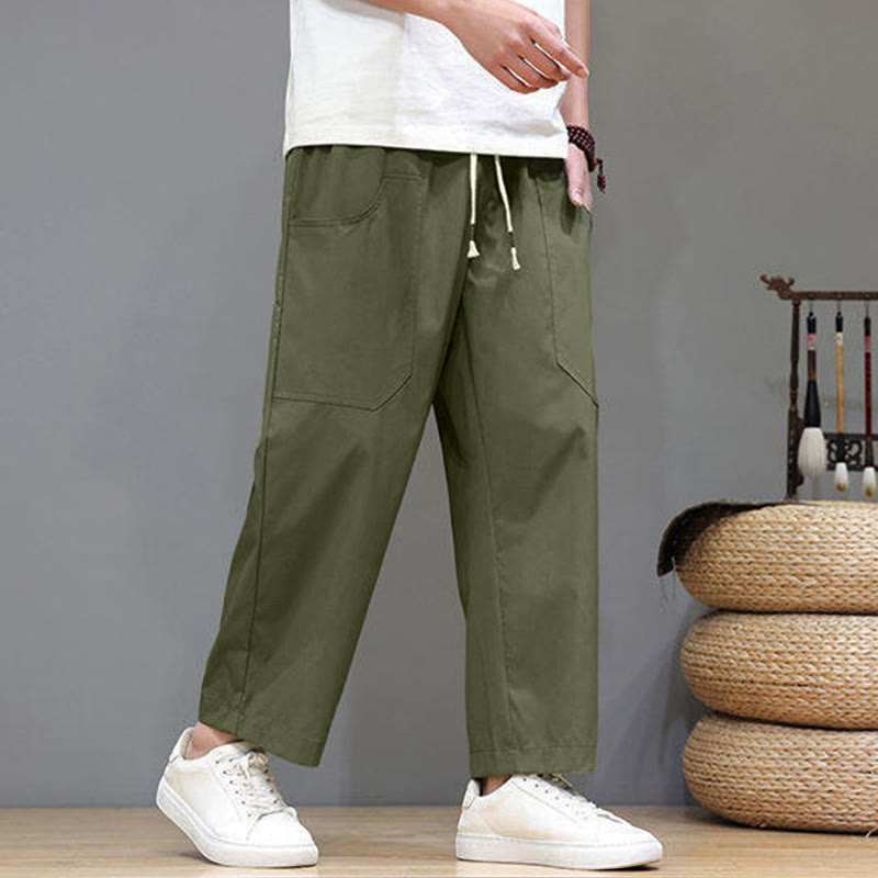 Buddha Stones Summer Solid Color Drawstring Straight Leg Ankle-Length Men's Pants With Pockets - image 2