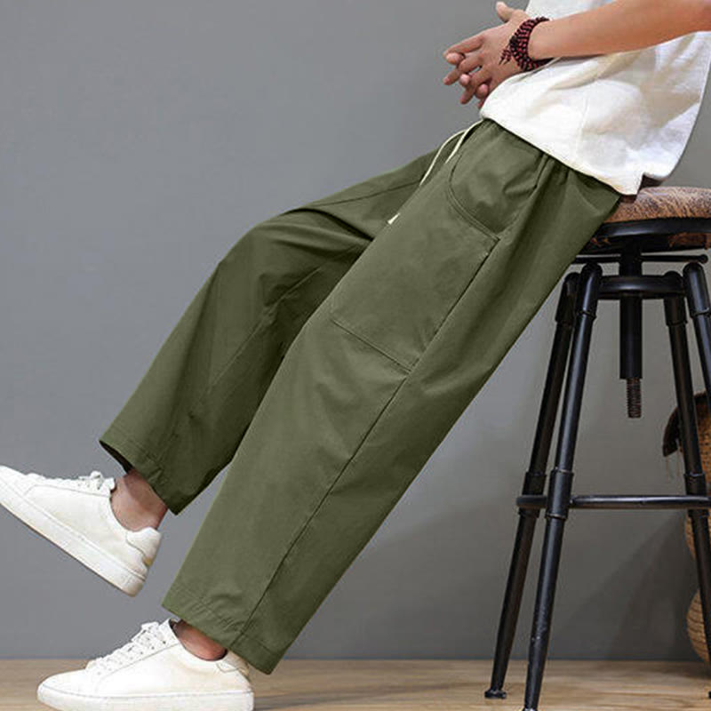 Buddha Stones Summer Solid Color Drawstring Straight Leg Ankle-Length Men's Pants With Pockets - image 7
