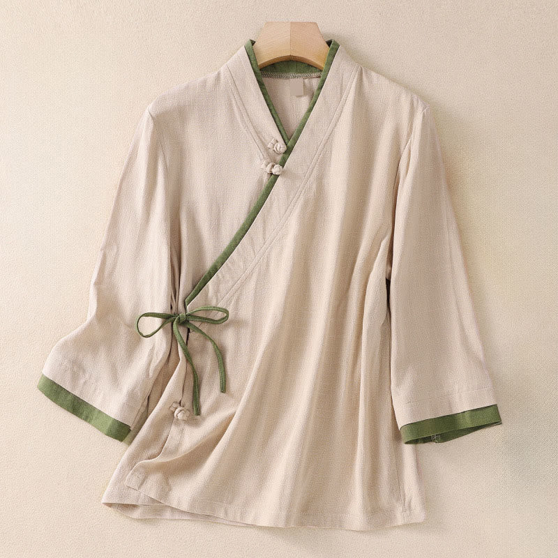 Buddha Stones Retro Lace-up Frog-Button Design Women's Three Quarter Sleeve Cotton Linen Shirt - PapayaWhip - US8-10，UK/AU12-14，EU40-42 (2XL) - image 1