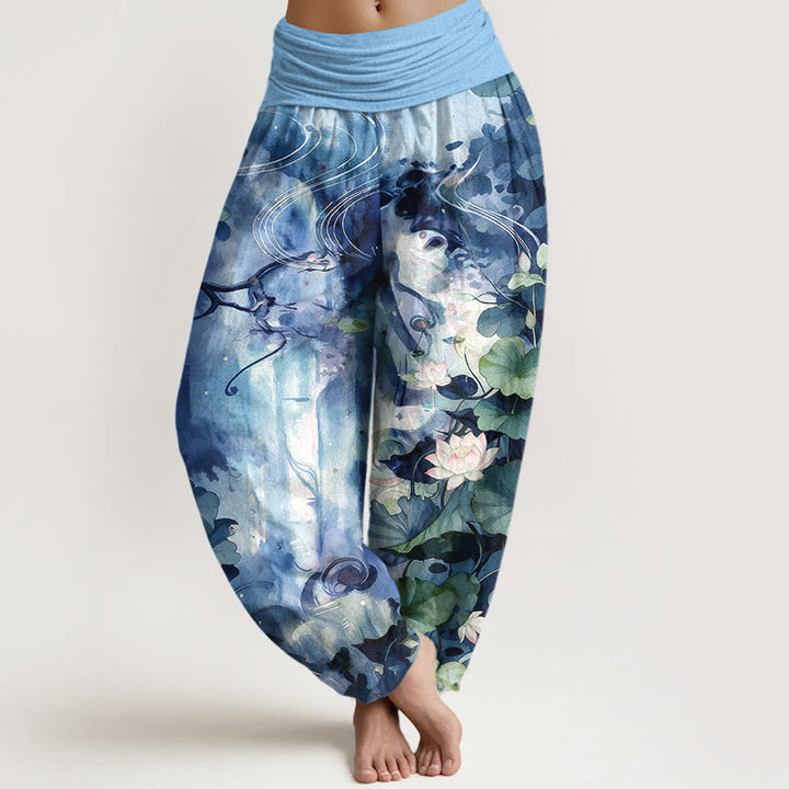 Buddha Stones Pure Cotton Watercolor Style Lotus Flower Leaf Pattern Women's Elastic Waist Harem Pants - DeepSkyBlue - US16，UK/AU20，EU48 (3XL) - image 0