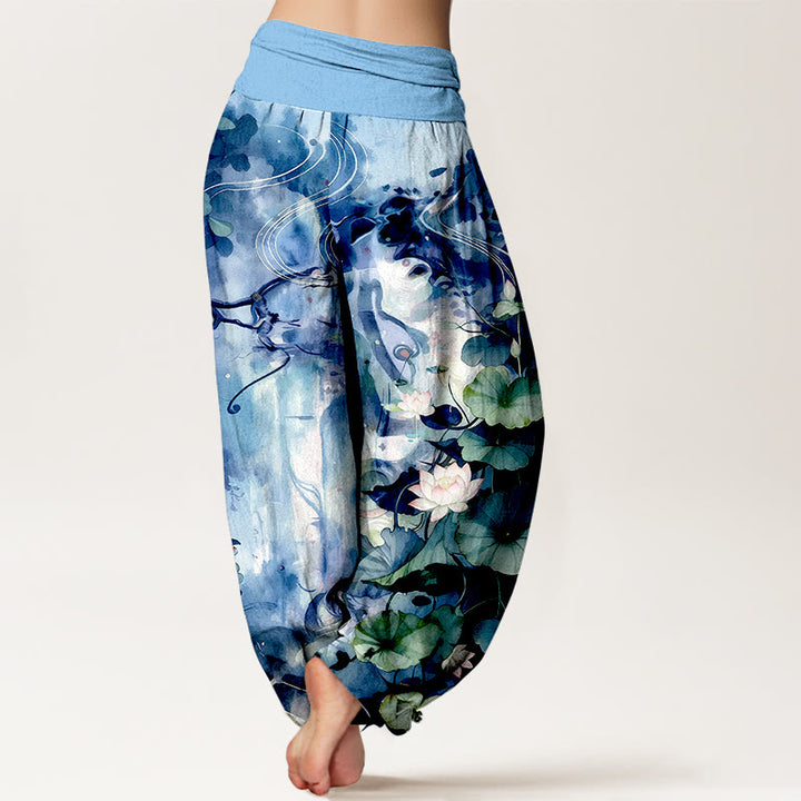 Buddha Stones Pure Cotton Watercolor Style Lotus Flower Leaf Pattern Women's Elastic Waist Harem Pants - image 1