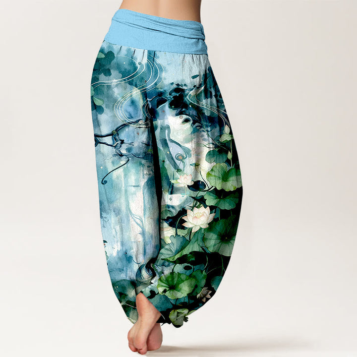 Buddha Stones Pure Cotton Watercolor Style Lotus Flower Leaf Pattern Women's Elastic Waist Harem Pants - image 6