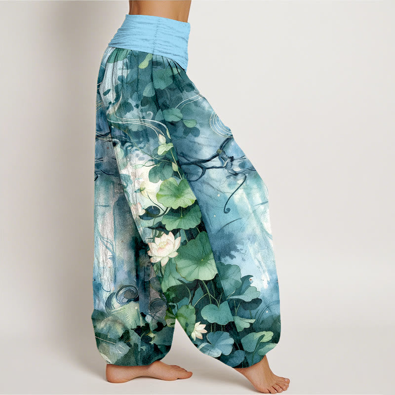 Buddha Stones Pure Cotton Watercolor Style Lotus Flower Leaf Pattern Women's Elastic Waist Harem Pants - image 7