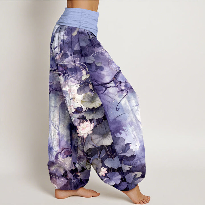 Buddha Stones Pure Cotton Watercolor Style Lotus Flower Leaf Pattern Women's Elastic Waist Harem Pants - image 10