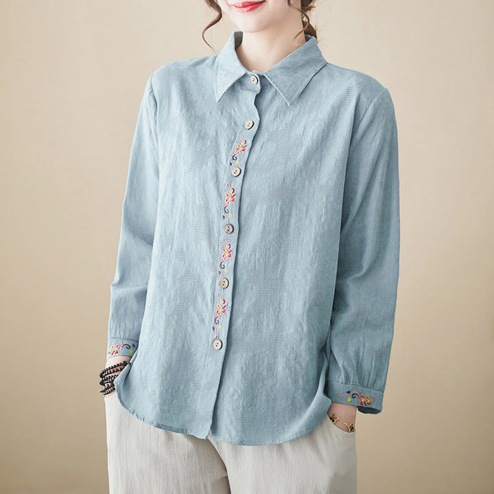Buddha Stones Spring Plain Embroiderd Flower Pattern Button Women's Long Sleeve Cotton Lapel Shirt - LightBlue - US12，UK/AU16，EU44 (3XL) - image 1
