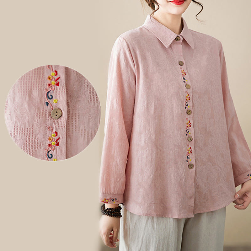 Buddha Stones Spring Plain Embroiderd Flower Pattern Button Women's Long Sleeve Cotton Lapel Shirt - image 11