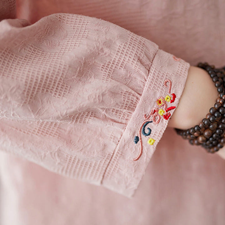 Buddha Stones Spring Plain Embroiderd Flower Pattern Button Women's Long Sleeve Cotton Lapel Shirt - image 18