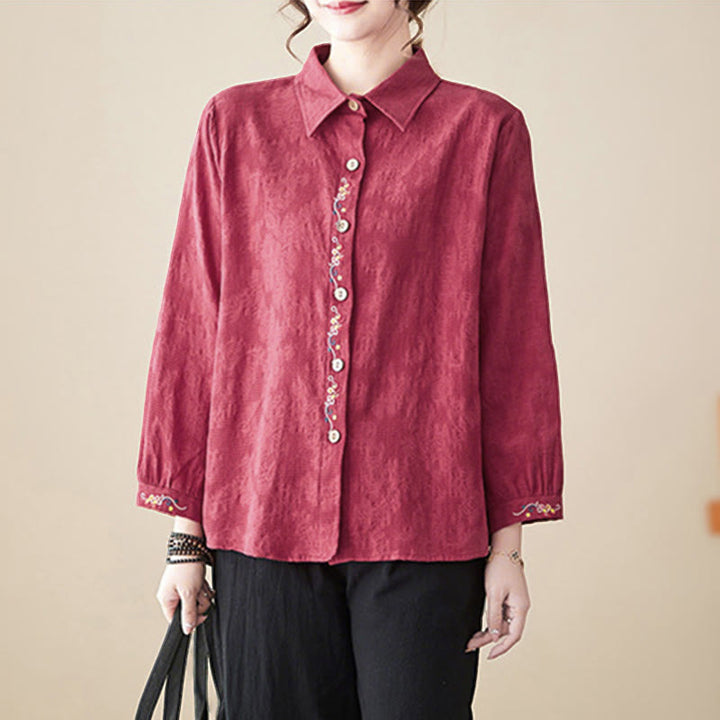 Buddha Stones Spring Plain Embroiderd Flower Pattern Button Women's Long Sleeve Cotton Lapel Shirt - image 24