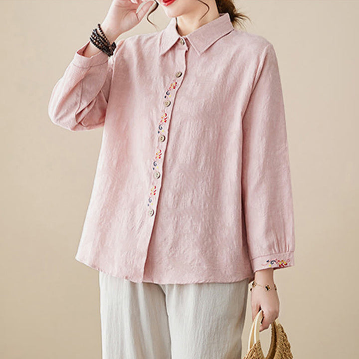 Buddha Stones Spring Plain Embroiderd Flower Pattern Button Women's Long Sleeve Cotton Lapel Shirt - image 9