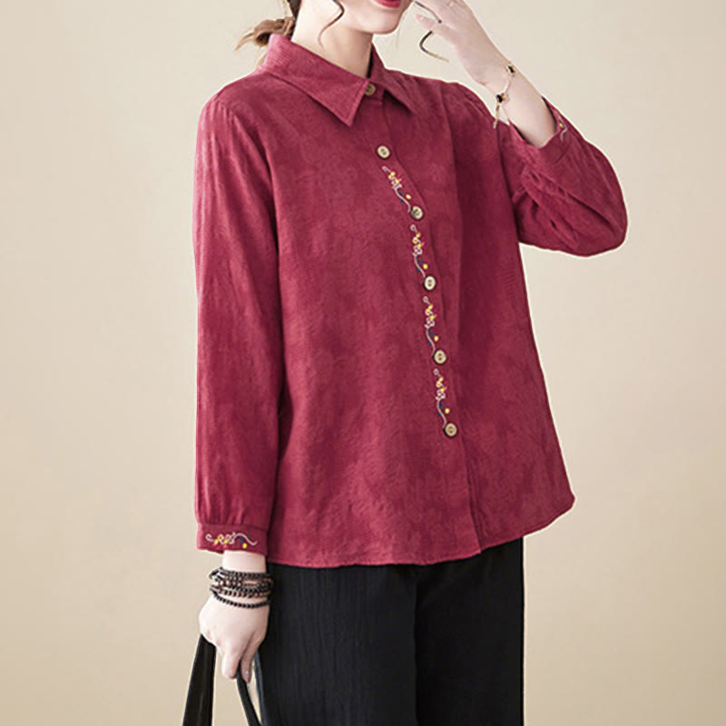 Buddha Stones Spring Plain Embroiderd Flower Pattern Button Women's Long Sleeve Cotton Lapel Shirt - image 25
