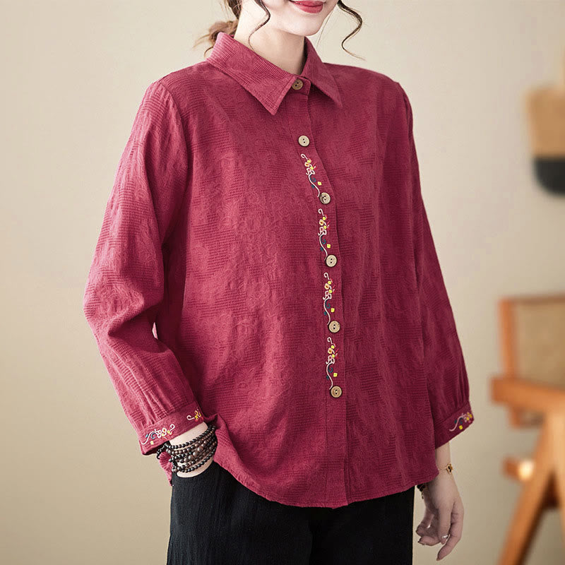 Buddha Stones Spring Plain Embroidered Flower Pattern Button Women's Long Sleeve Cotton Lapel Shirt - DarkRed - US12，UK/AU16，EU44 (3XL) - image 23