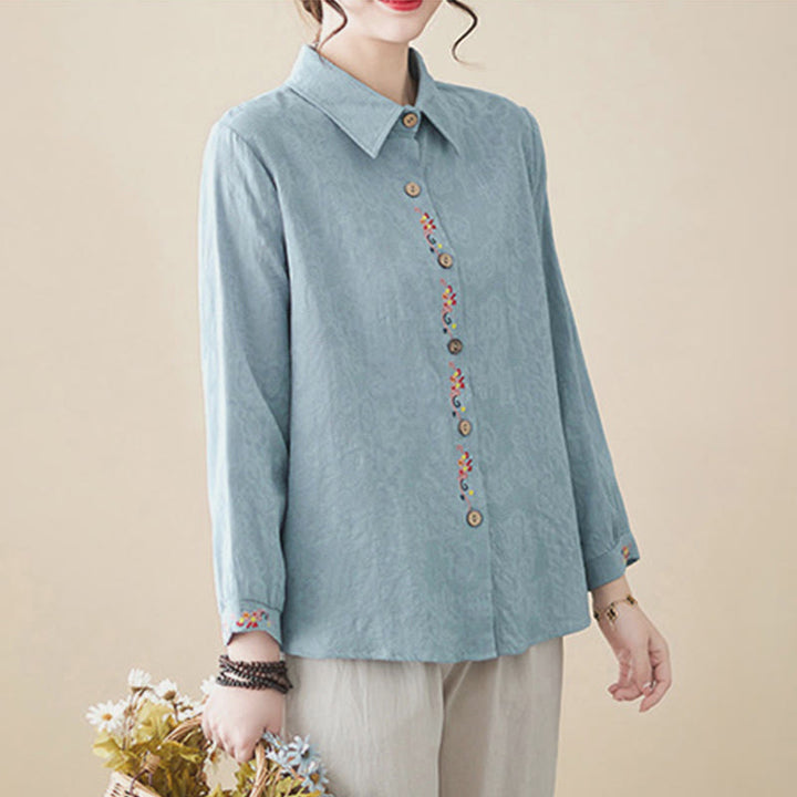 Buddha Stones Spring Plain Embroidered Flower Pattern Button Women's Long Sleeve Cotton Lapel Shirt - image 4