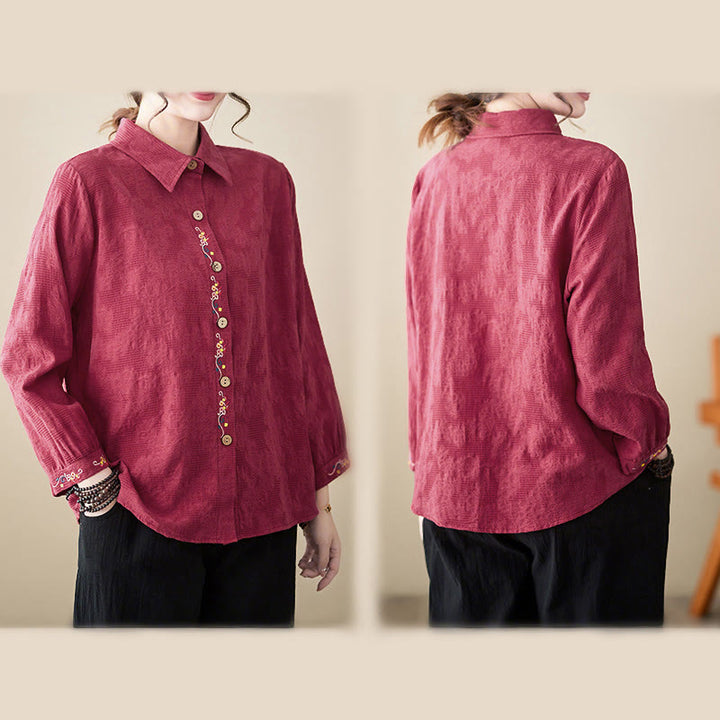 Buddha Stones Spring Plain Embroiderd Flower Pattern Button Women's Long Sleeve Cotton Lapel Shirt - image 27