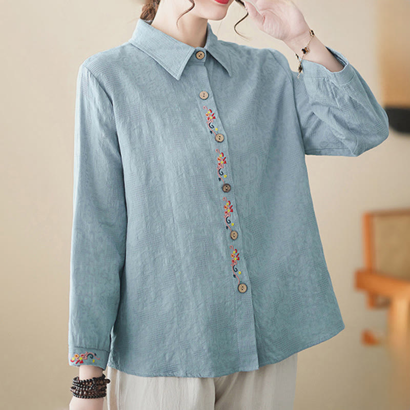 Buddha Stones Spring Plain Embroiderd Flower Pattern Button Women's Long Sleeve Cotton Lapel Shirt - image 5
