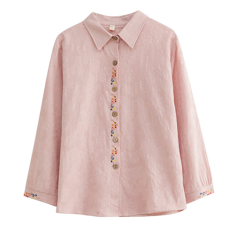 Buddha Stones Spring Plain Embroiderd Flower Pattern Button Women's Long Sleeve Cotton Lapel Shirt - image 22