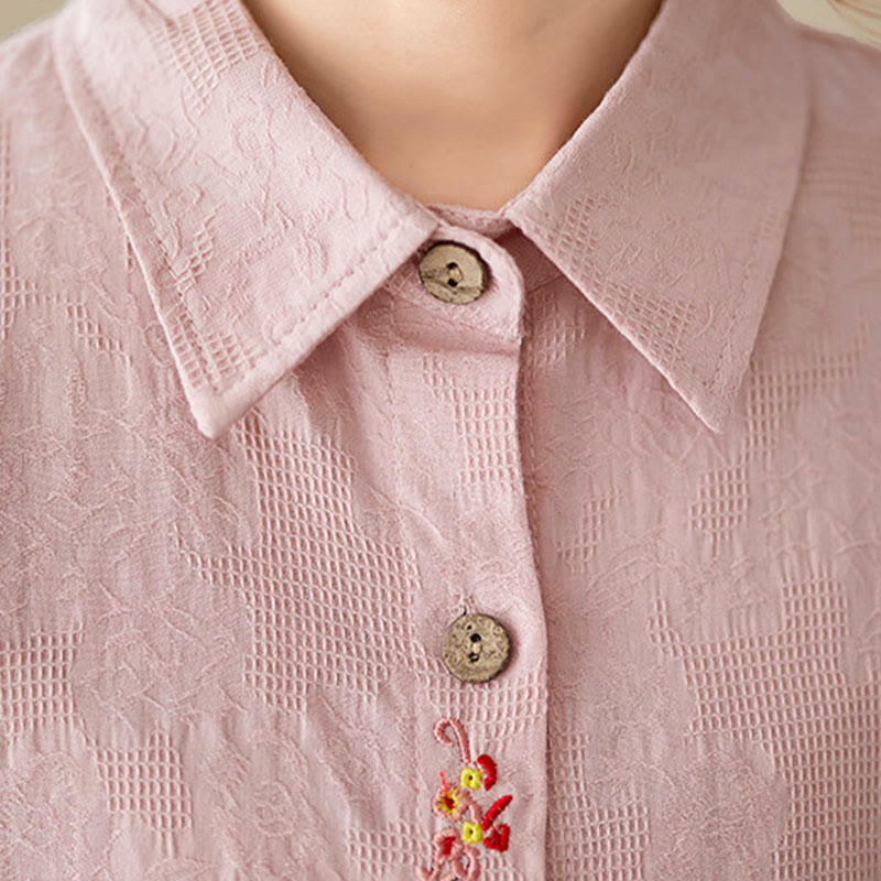 Buddha Stones Spring Plain Embroiderd Flower Pattern Button Women's Long Sleeve Cotton Lapel Shirt - image 15
