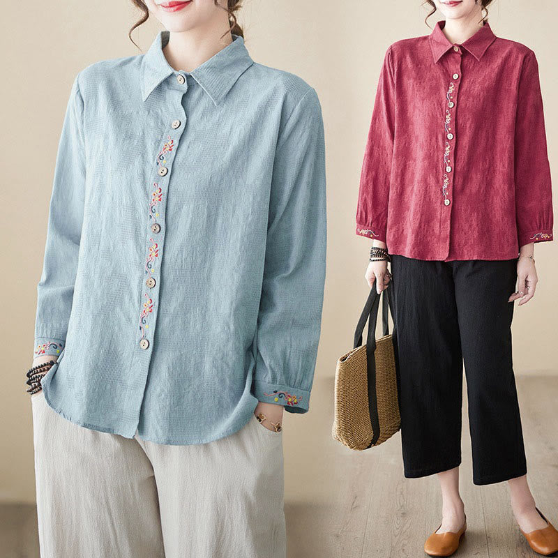 Buddha Stones Spring Plain Embroiderd Flower Pattern Button Women's Long Sleeve Cotton Lapel Shirt - image 28