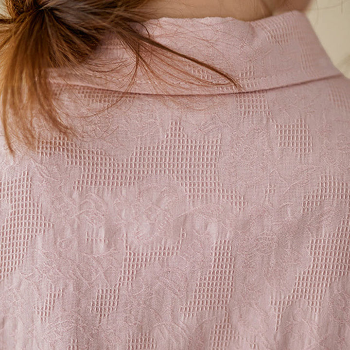 Buddha Stones Spring Plain Embroiderd Flower Pattern Button Women's Long Sleeve Cotton Lapel Shirt - image 16