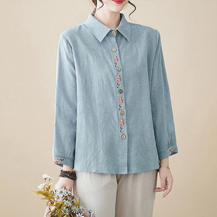 Buddha Stones Spring Plain Embroiderd Flower Pattern Button Women's Long Sleeve Cotton Lapel Shirt - image 3