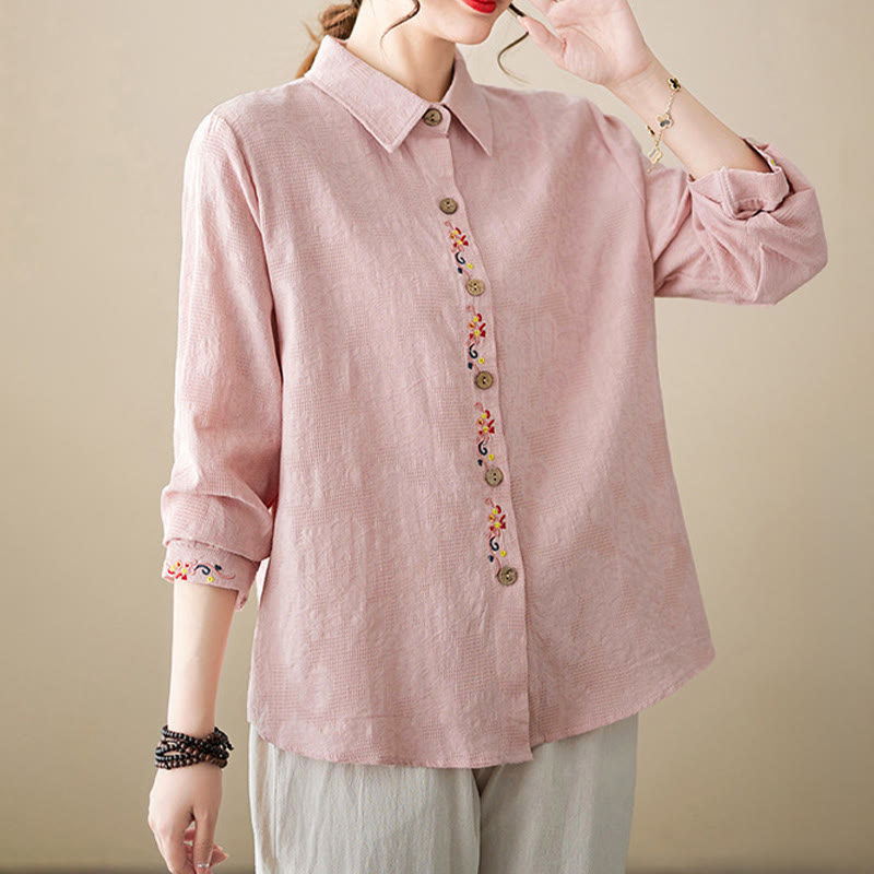 Buddha Stones Spring Plain Embroiderd Flower Pattern Button Women's Long Sleeve Cotton Lapel Shirt - image 10