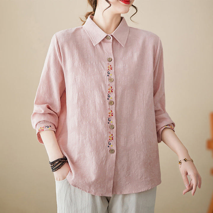 Buddha Stones Spring Plain Embroiderd Flower Pattern Button Women's Long Sleeve Cotton Lapel Shirt - LightPink - US12，UK/AU16，EU44 (3XL) - image 7