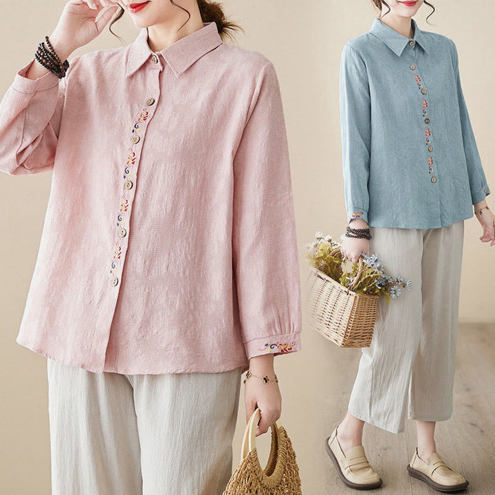Buddha Stones Spring Plain Embroiderd Flower Pattern Button Women's Long Sleeve Cotton Lapel Shirt - image 29