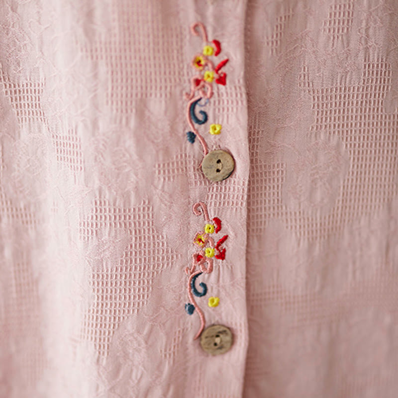 Buddha Stones Spring Plain Embroiderd Flower Pattern Button Women's Long Sleeve Cotton Lapel Shirt - image 17