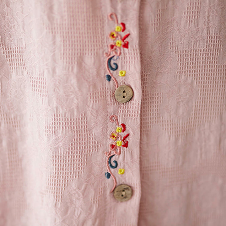 Buddha Stones Spring Plain Embroiderd Flower Pattern Button Women's Long Sleeve Cotton Lapel Shirt - image 17