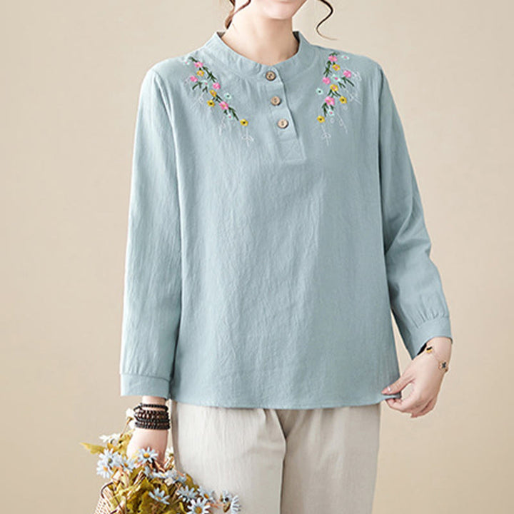 Buddha Stones Spring Plain Embroiderd Flower Pattern Button Women's Long Sleeve Cotton Lapel Shirt - image 2