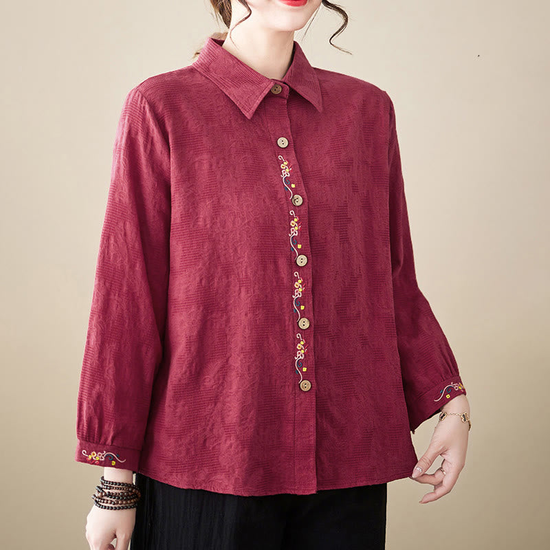 Buddha Stones Spring Plain Embroiderd Flower Pattern Button Women's Long Sleeve Cotton Lapel Shirt - image 26