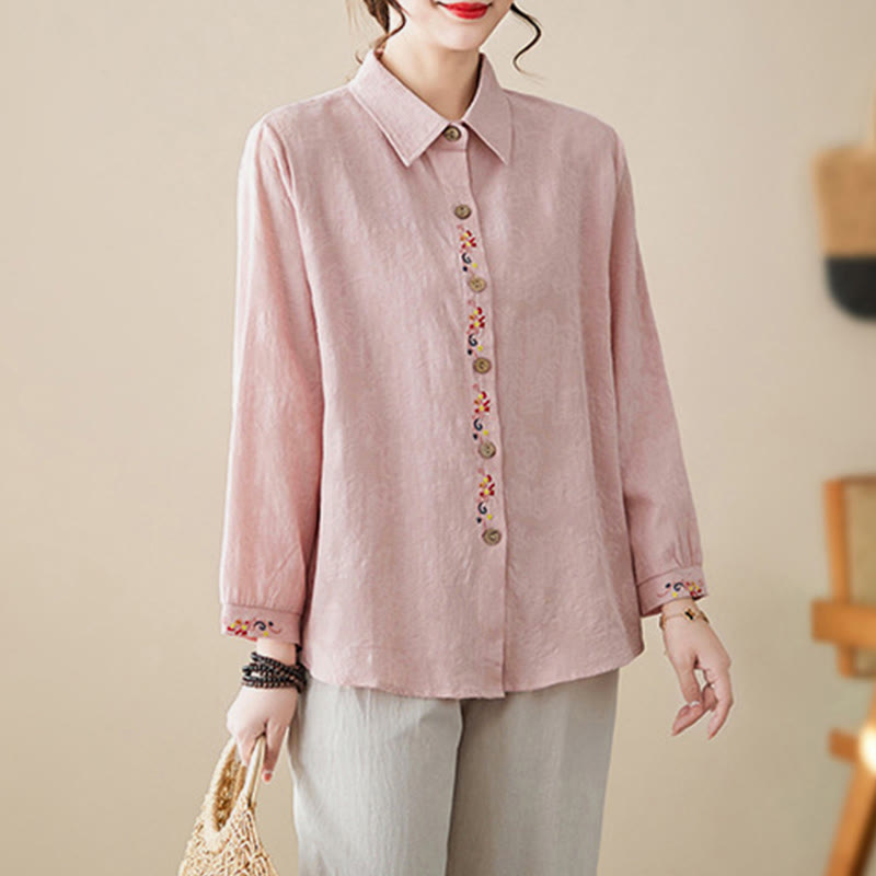 Buddha Stones Spring Plain Embroiderd Flower Pattern Button Women's Long Sleeve Cotton Lapel Shirt - image 8