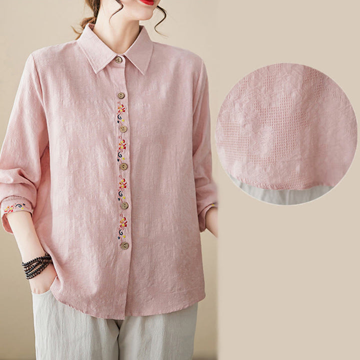 Buddha Stones Spring Plain Embroiderd Flower Pattern Button Women's Long Sleeve Cotton Lapel Shirt - image 13