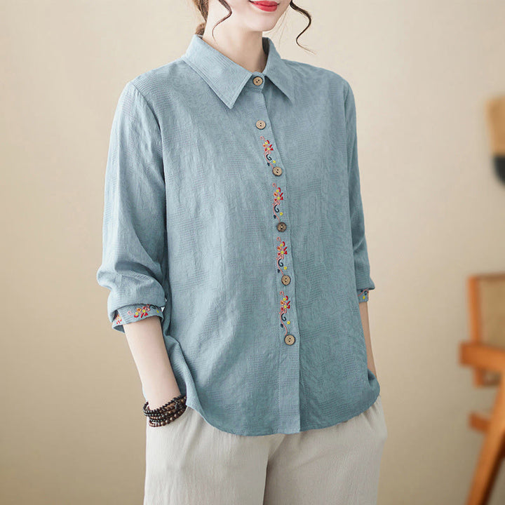 Buddha Stones Spring Plain Embroiderd Flower Pattern Button Women's Long Sleeve Cotton Lapel Shirt - image 0