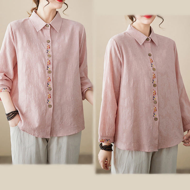 Buddha Stones Spring Plain Embroiderd Flower Pattern Button Women's Long Sleeve Cotton Lapel Shirt - image 14